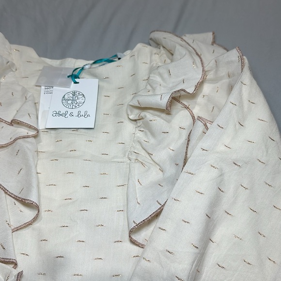 Abel & Lula Crème & Gold Holiday blouse. Rose Gold Metallic Stitching. Christmas - Picture 8 of 9
